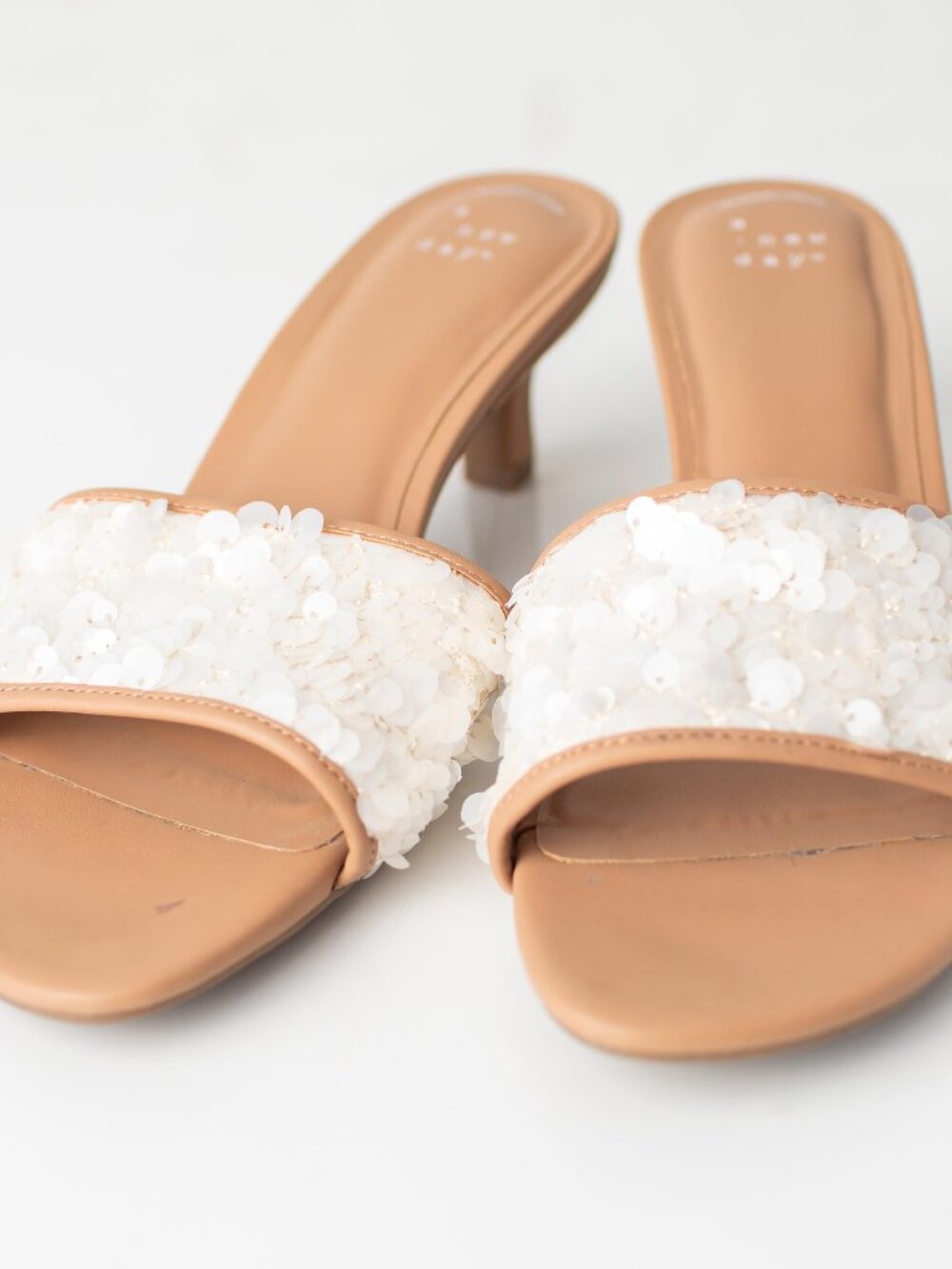 A New Day Kaia Heeled Sandals Size 9 Tan Sequin Strap Memory Foam Slip On Mules - Picture 2 of 8